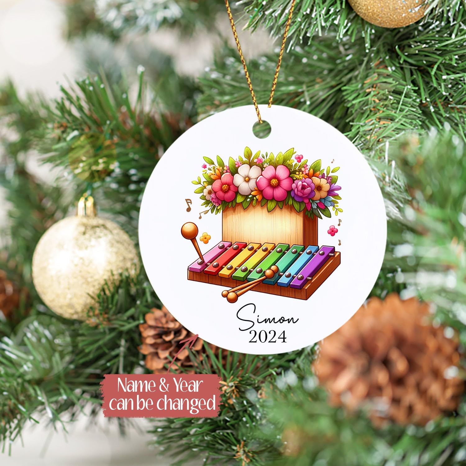 Personalized Name Xylophone Players Christmas Ornament 2025, Xylophone Lovers Xmas Tree Hanging Ornament, Custom Xylophone Musical Instrument Keepsake, Xylophone Flowers Ornament Gift for Xylophonist