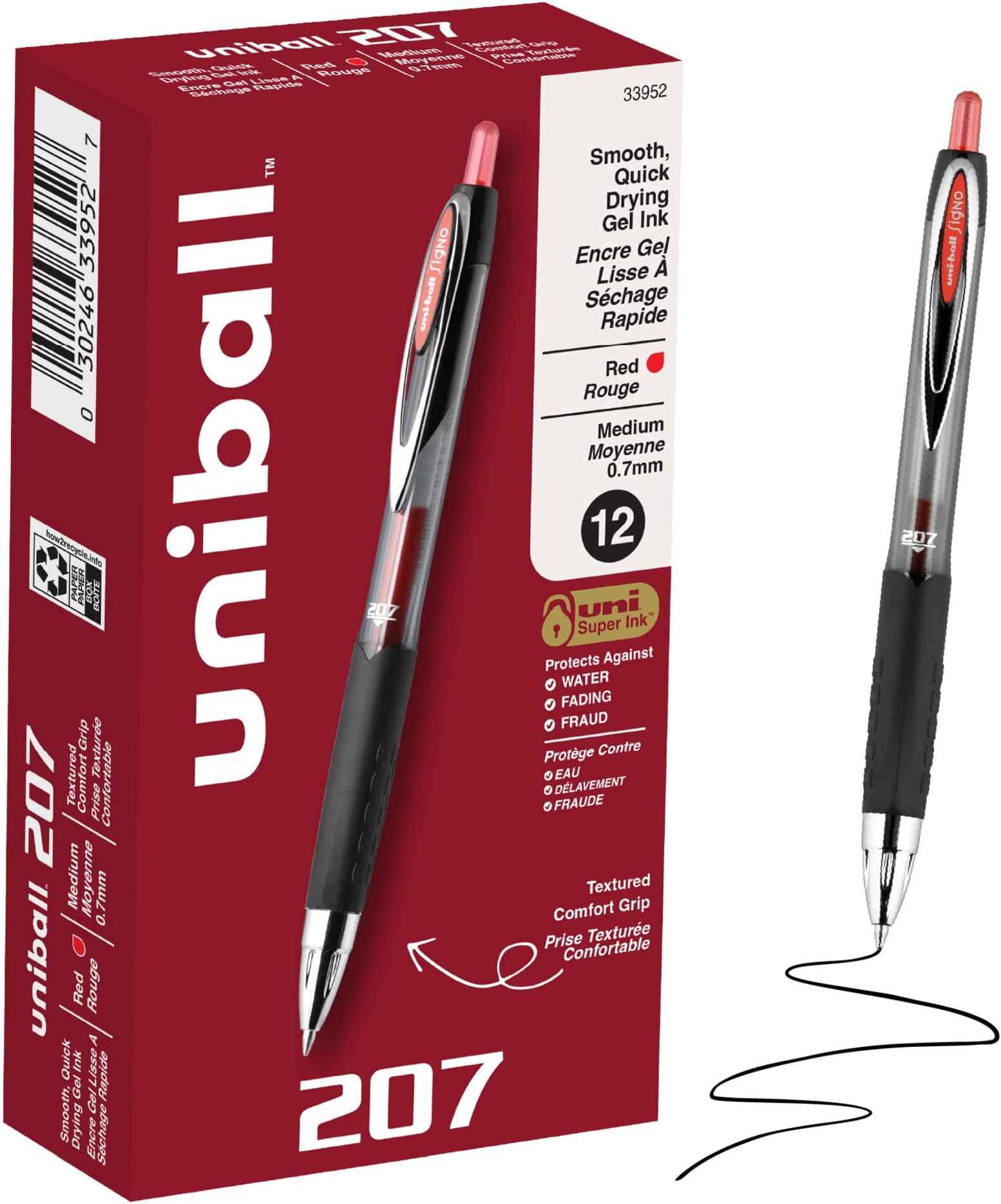 uniball™ 207 Gel Pens, Red Ink, 0.7mm Medium Point, Retractable, 12 Count, Smooth Writing, Fraud-Resistant, uni Super Ink™