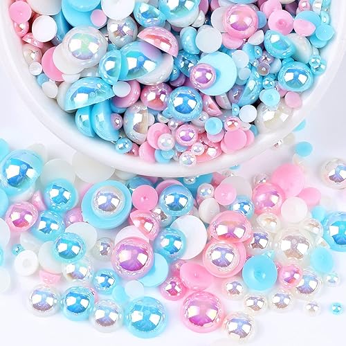 Perlas de espalda plana para manualidades, 1.76 oz mezcla de perlas de color azul, rosa y blanco para manualidades, tamaño mixto de 3456680.394 in,