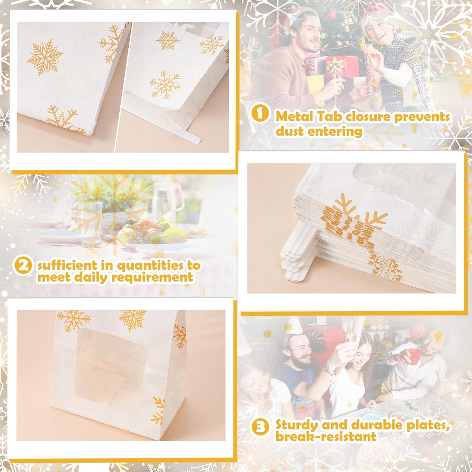 Sweetude 60 Pcs Winter Snowflake Bakery Bags with Window 4 x 2.36 x 6.7 Inch Small Frozen Cookie Bags Winter Kraft Paper Iron Wire Tie Tab Lock for Gift Giving Coffee Food Holiday Party Favor Gold