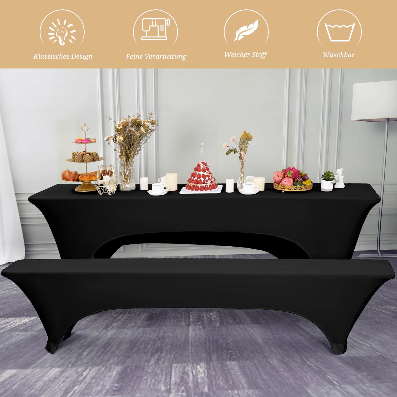 YMHPRIDE 1 set di coperture e tovaglie per panche da birra nere, larghezza tavolo 70 cm, set di tende da birra 220x70x70 cm per mobili da giardino per banchetti da giardino. (3 confezioni)