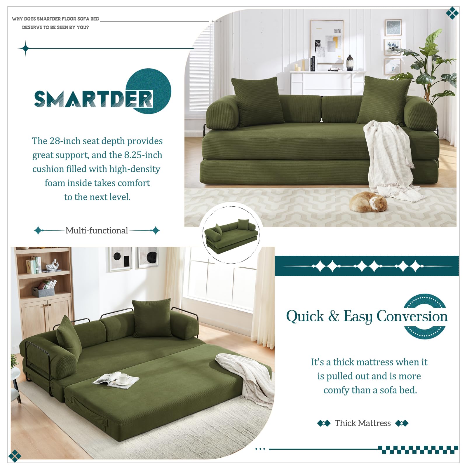 Convertible Folding Sofa Bed, Modular Floor Sofa with Removable Backrest, 3-Seater Fold Out Couch Bed with Pillows, King Size Futon Lazy Couch Corduroy Sleeper for Living Room, Dorm, Green