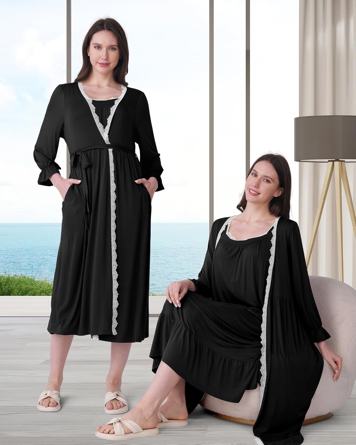 2 Pcs Lace Maternity Nursing Nightgown and Robe Set for Women Nursing Pajamas Gown Breastfeeding Pjs for Hospital