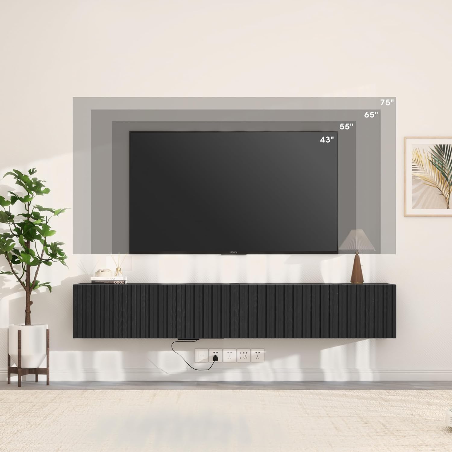71” Floating TV Stand with LED Lights & Charging Station, Black Wall Mounted Entertainment Center for 75 Inch TV, Floating Media Console Shelf with 4 Flip-Down Fluted Doors for Living Room, Bedroom