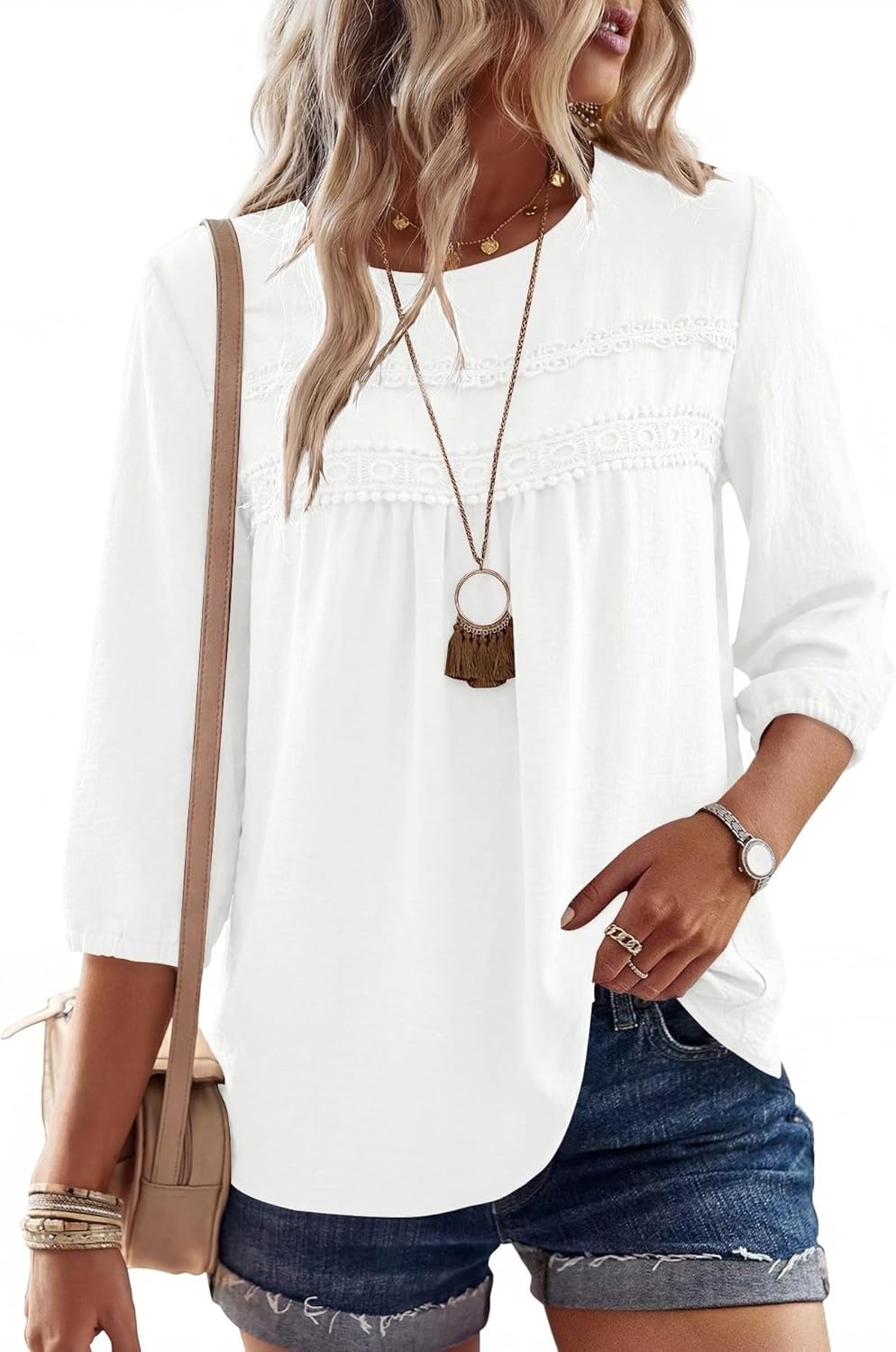 Ivicoer 3/4 Length Sleeve Womens Tops Crewneck Dressy Casual Chiffon Blouses Flowy Lace Boho Clothing Trendy 2026 - Image 2