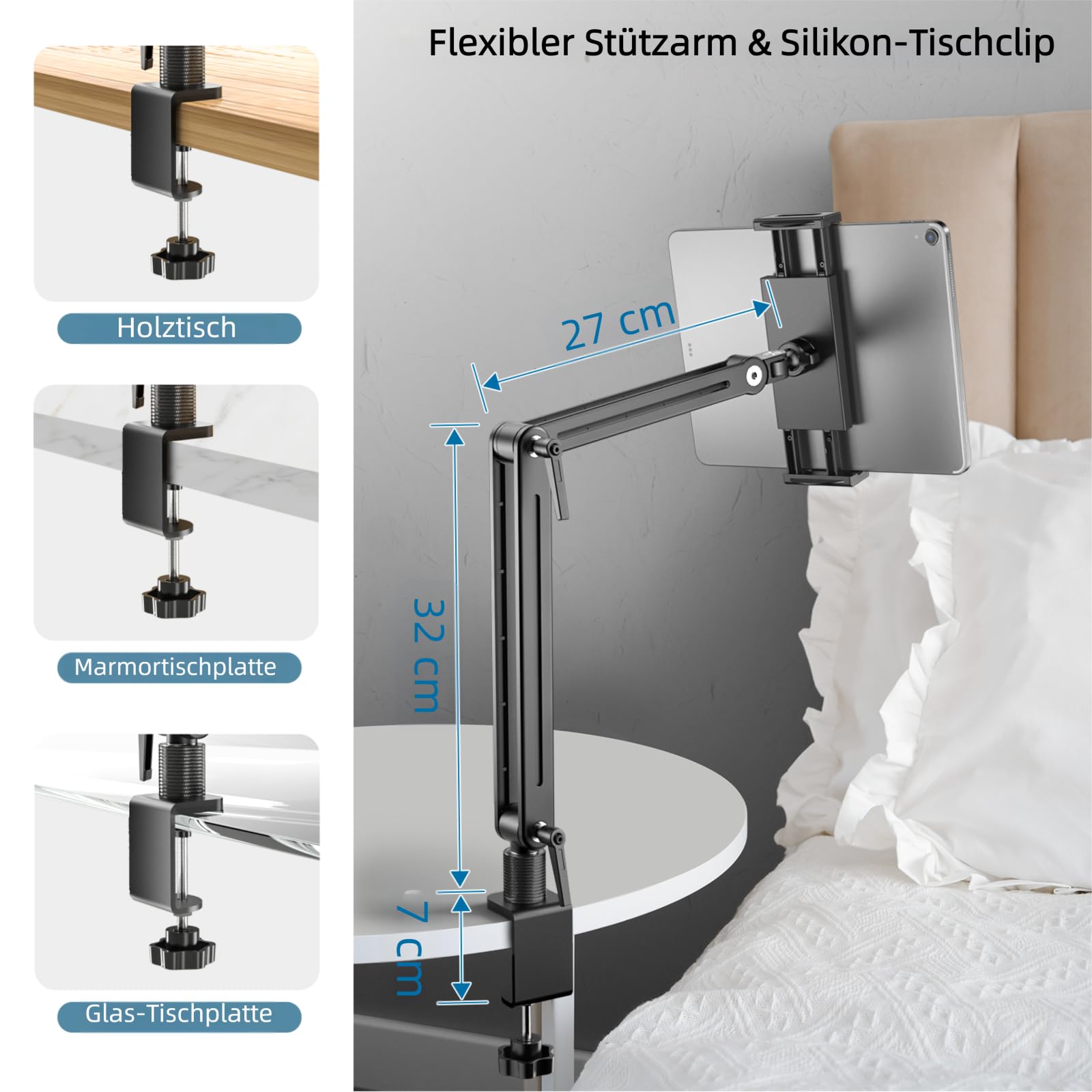 Aluminium Tablet Halterung mit Schwenkarm - 360° Drehbare Metallbasis, Flexibler Arm, Kompatibel mit iPad Air/Pro/Mini, Samsung Galaxy (15.6in)