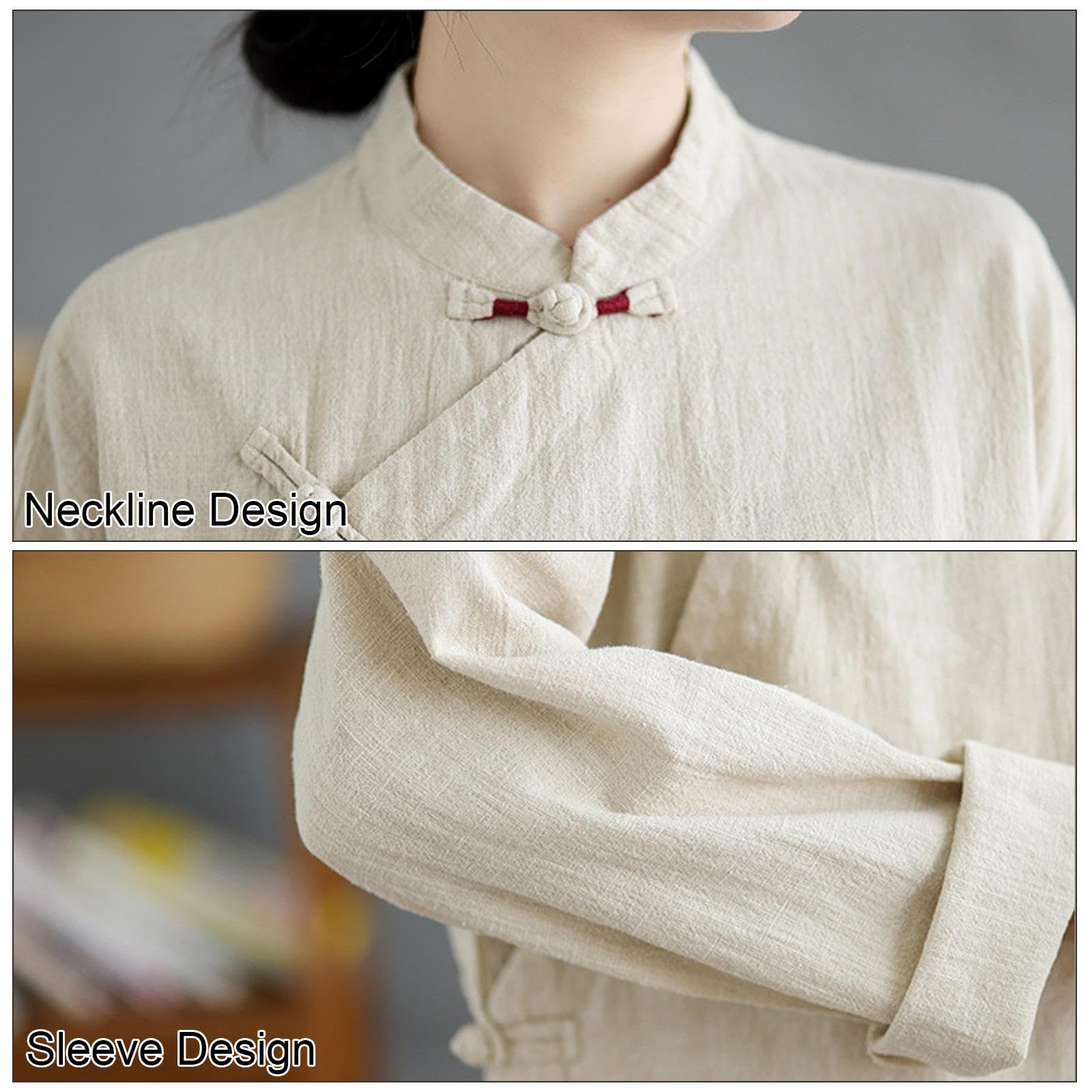 Damen Kung-Fu-Anzug aus Baumwolle und Leinen, Chinesische Kampfkunst-Uniform, Meditationsanzug, Langärmeliges Hemd und Hose,Apricot-XXL