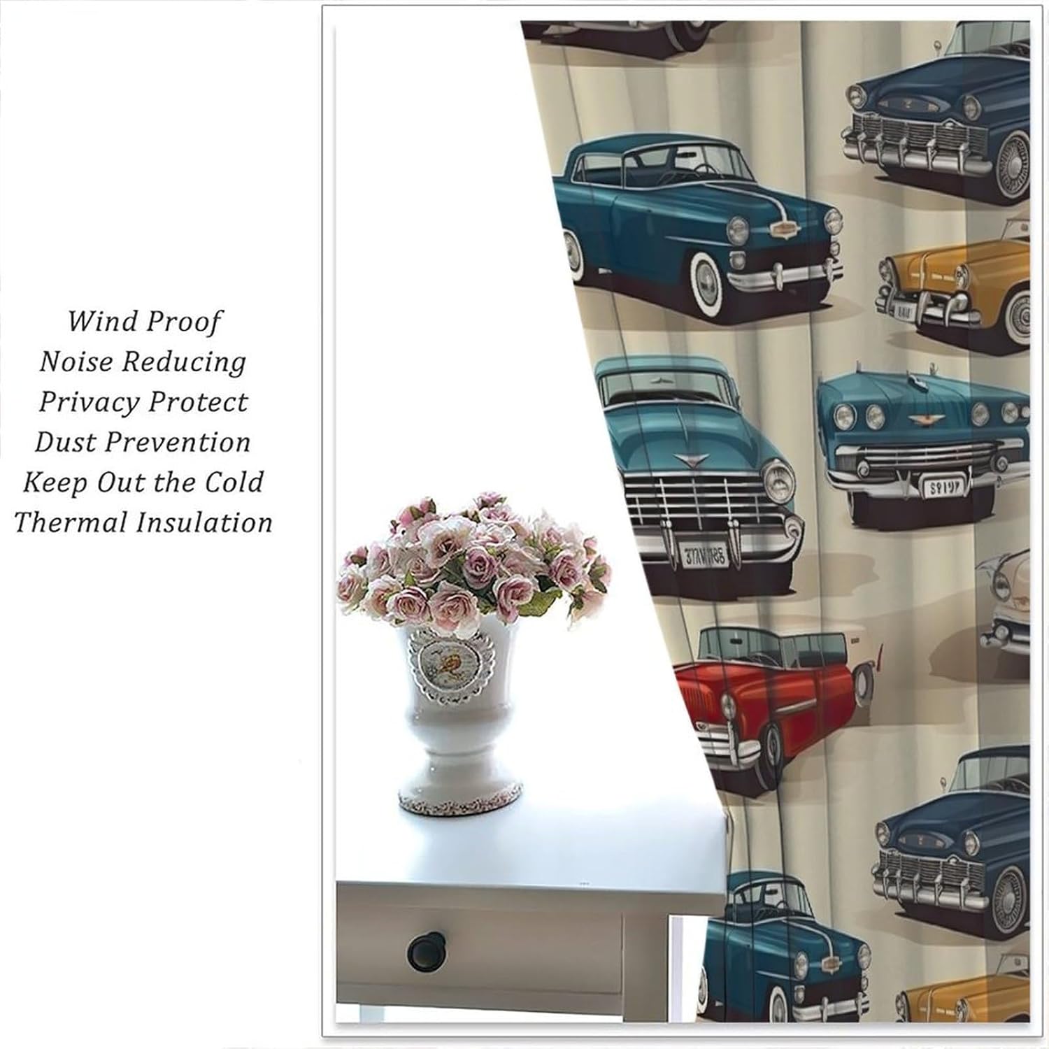Vintage Car Art Blackout Curtains Classic Automobile History Abstract Line Illustration Retro Industrial Decor Rod Pocket Window Treatments for Kitchen Bedroom Living Dining Room Cafe 42"W X 45"L
