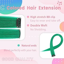 Colored Hair Extensions, 22 Inch Straight Clip in Hair Extension Body Face Hair Glitter Multi Color Rainbow Pink Red Hairpiece Extensions for Kids Girls Women (Glitter+Green)