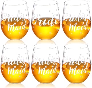 LemonRoad 6 Sets Bridesmaid Stemless Wine Glass 18 oz Pearls Bridesmaid Gifts Bachelorette Party Wine Glasses Engagement Wedding Gifts for Wedding Bachelorette Party Supplies
