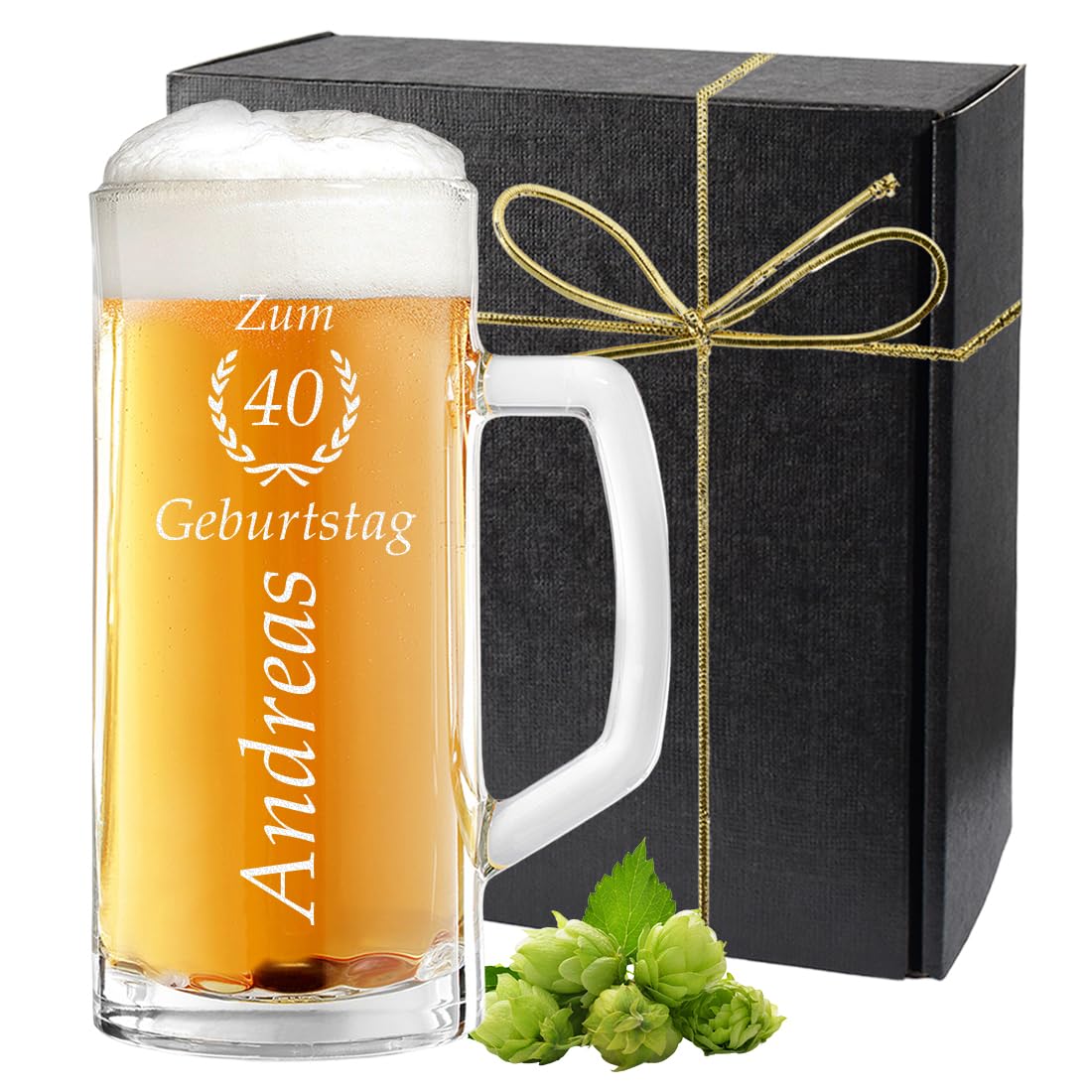 Bierkrug Personalisiert mit Gravur eines Namens und Jahreszahl im Ährenkranz – Bierseidel Geschenk-Idee zum Geburtstag - Motiv zum Geburtstag 0,5l