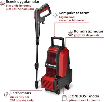 Einhell akülü yüksek basınçlı temizleyici HYPRESSO 36/105 Power X-Change (36 V, 105 bar, 270 l/sa, 4 m yüksek basınçlı hortum, 5 m emiş hortumu, 2 adet nozul, yıkama fırçası, boru, aküsüz)