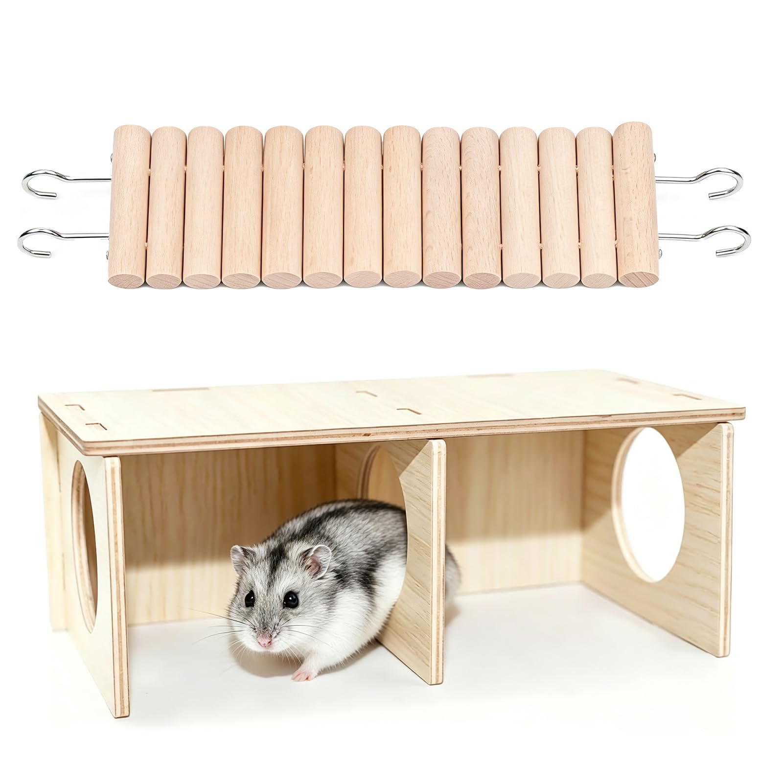 3 Chamber Hamster Hide，Natural Wooden Platform with Bridge