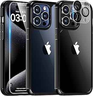 TAURI 5-in-1 for iPhone 15 Pro Case, [Not Yellowing] with 2X Screen Protector + 2X Camera Lens Protector, [Military Grade Drop Protection] Shockproof Slim Phone Case for iPhone 15 Pro, Black