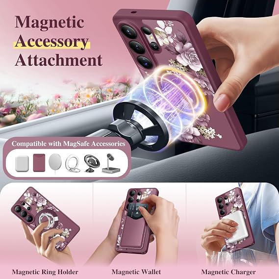 GVIEWIN for Samsung Galaxy S26 Ultra Case Compatible with MagSafe, Translucent Magnetic Phone Case with Screen Protector, Full Camera Protection, Floral Women Cover, Cherry Blossoms/Burgundy