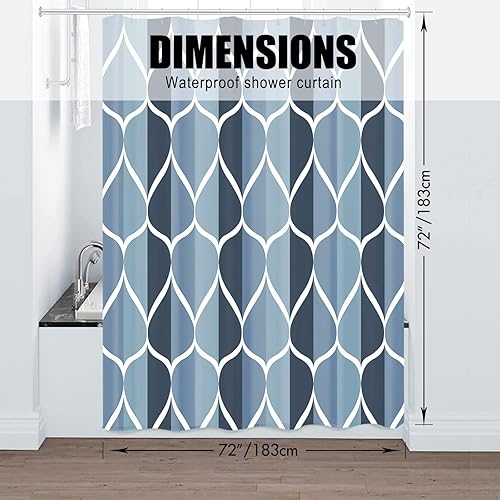 Miniatura 5 de Cortina de regadera hecha de tela, de color azul oscuro, impermeable, de poliéster, diseño geométrico, de secado rápido, dobladillo pesado, juego de