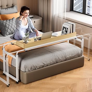 Adjustable Height Overbed Table, Rolling Overbed Bedside Desk with Raised Baffle and Spacious Desktop, Over BedTable with Wheels for Home Office Bedroom Hospital Use Wooden Color1