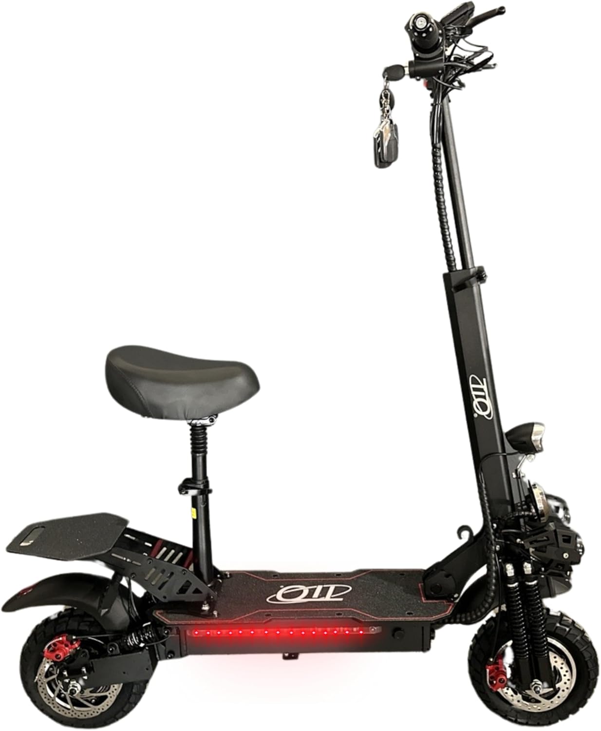 TIO Turbo MAX Electric Scooter in black with red accents, featuring a removable seat, dual front lights, and rugged tires.
