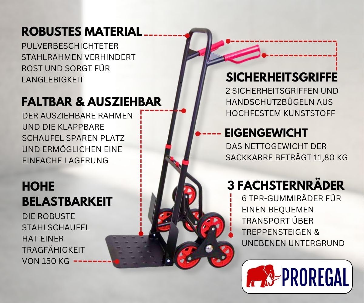 PROREGAL Klappbarer Profi-Treppensteiger Taurus 150kg TÜV Zertifiziert pannensichere Vollgummibereifung 110x45x61cm Rot-Schwarz Sackkarre Transportkarre Staplerkarre