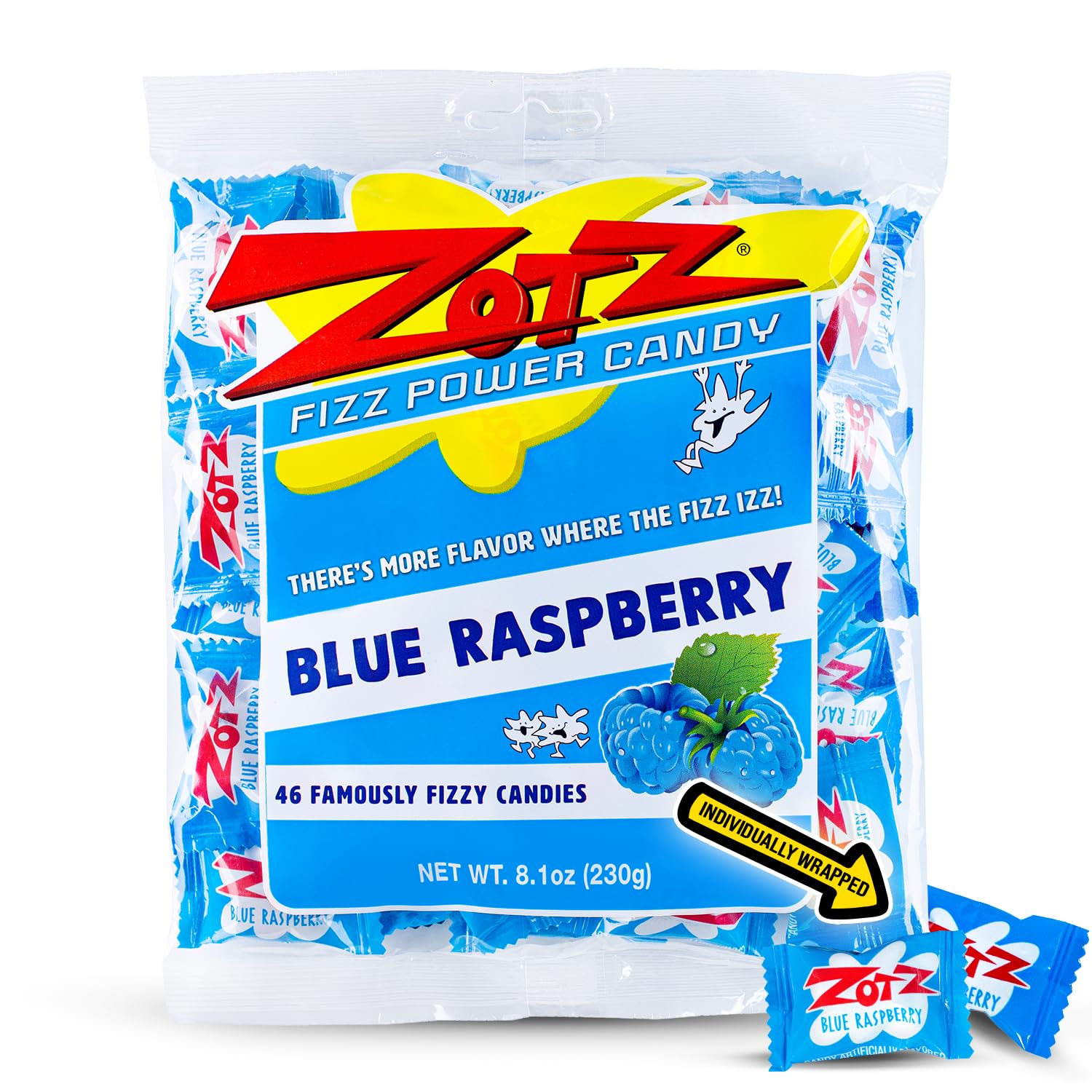 Zotz Fizzy Old Fashioned Hard Candy Fruit Flavored Blue Raspberry Candy, Individually Wrapped Hard Candy -Filled Hard Candy - Gluten -Free, From Italy Since 1970 (Bag 46 Units)