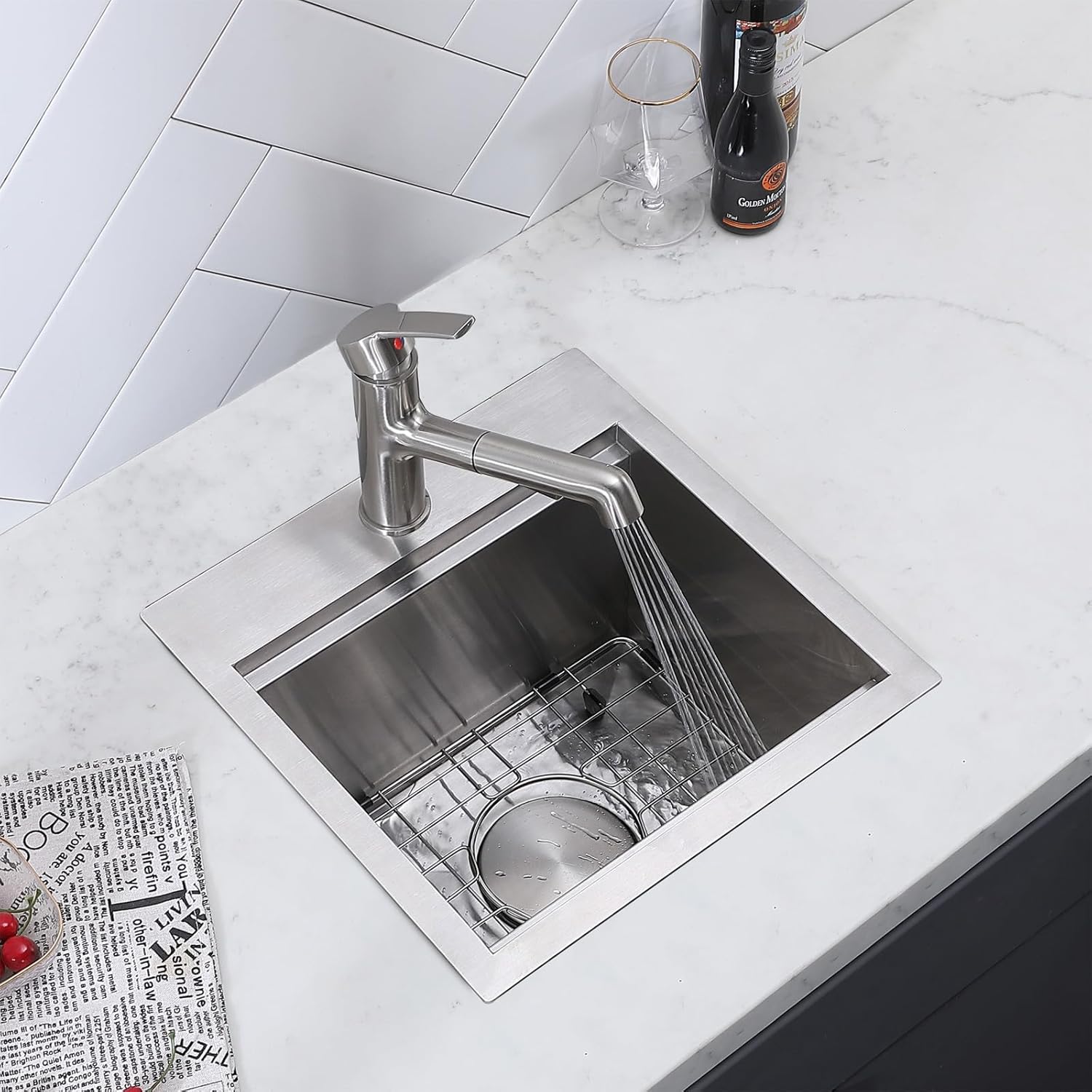 Friho Drop In Bar Sink, 15 x 15 Inch Wet Bar Sink 16 Gauge Stainless Steel 9 Inch Deep Single Bowl Outdoor Rv Sink with Dish Grid and Cutting Board
