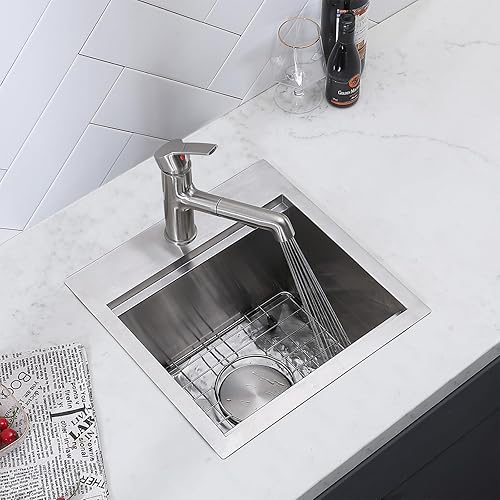 Miniatura 8 de Friho Fregadero de cocina de acero inoxidable de 15 x 15 pulgadas con montaje superior, fregadero de cocina de montaje superior hecho a mano con