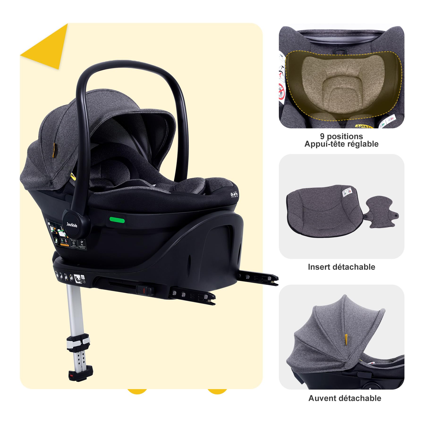 Jovikids Siege Auto avec Base, ECE R129 i-Size, 0-18 Mois, ISOFIX, Appui-tête Réglable en 9 Positions, Porte-Bébé de voyage Groupe 0/0+, 40-87 cm, Léger, Siège Auto pour Nouveau-né (Noir)