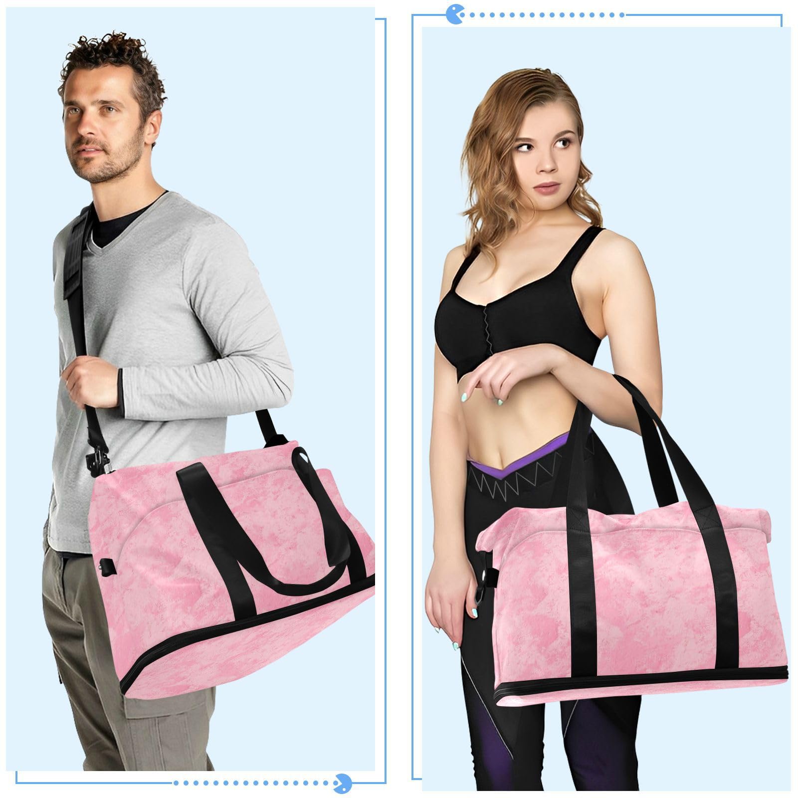 Reisetasche im Vintage-Stil, einfarbig, genarbt, Rosa, mit Nassfach, verstellbarer Riemen, Turnbeutel für Sport, 2-teiliges Set für Männer und Frauen