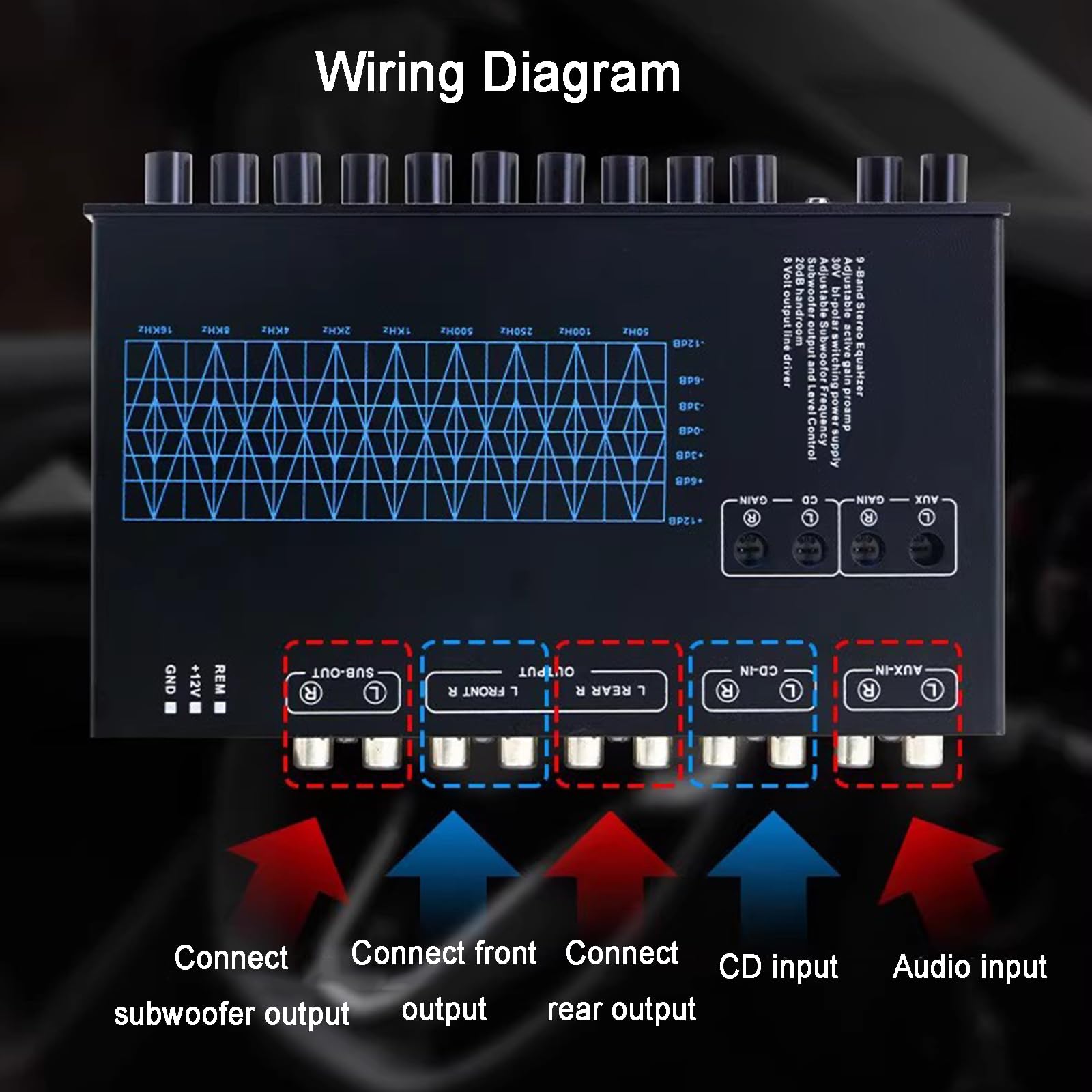 Ecualizador gráfico de 9 Bandas, preamplificador estéreo de Alta fidelidad con Ajuste de Ganancia y Salidas Frontal, Trasera y Subwoofer