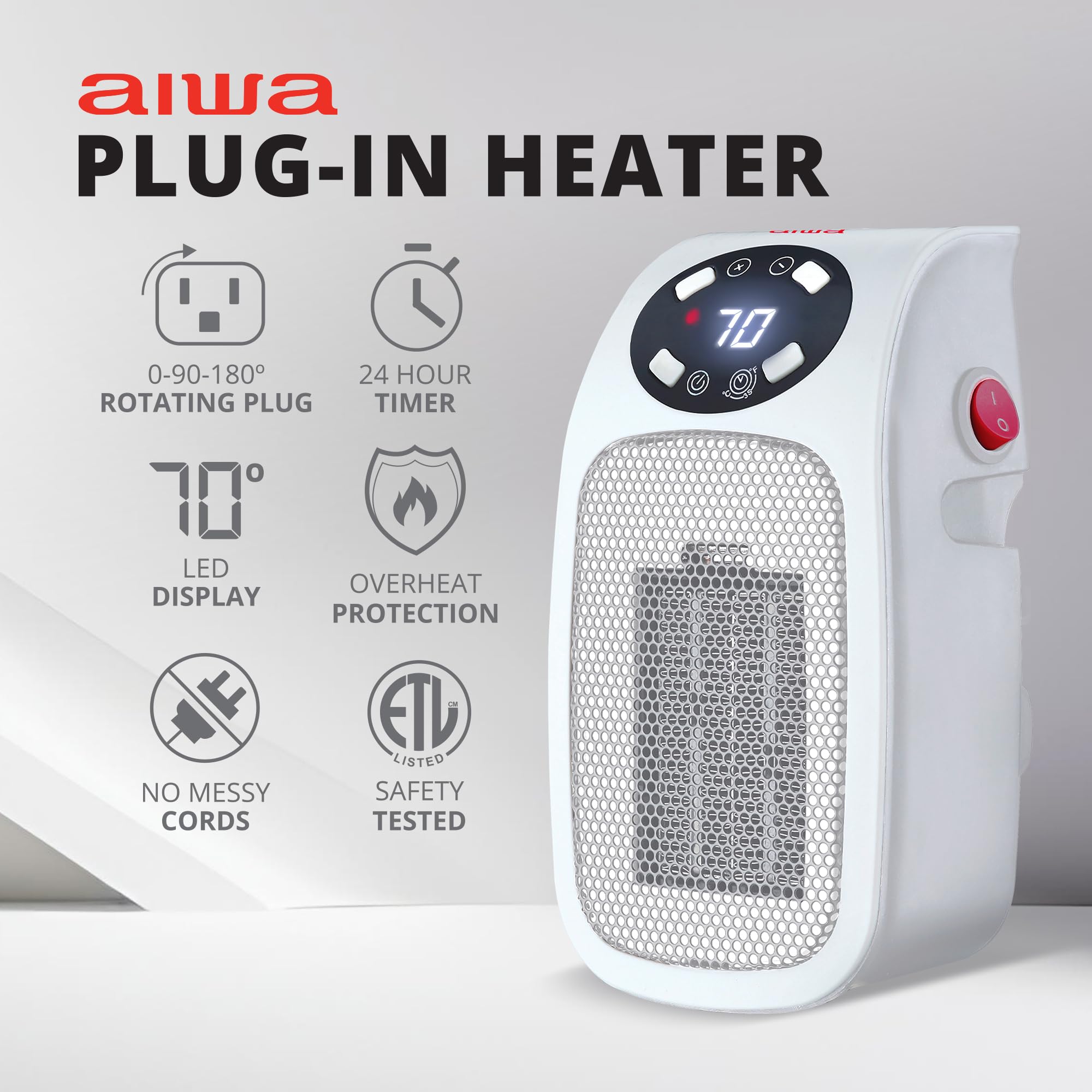 Aiwa Electric Outlet Ceramic Plug-In Space Heater with LCD Digital Screen, Adjustable Thermostat, 24 Hour Timer, Overheat Protection, up to 90°F, 400 W, 180° Degree Rotation, ETL Certified (White)