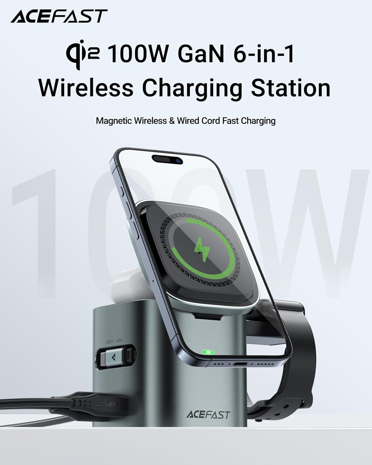 ACEFAST 6-in-1 100W GaN Fast Charging Station for iPhone 17 16 Series,with USB C Retractable Cable,Qi2 25W Magnetic Wireless Charger Desktop Stand for iWatch/for Samsung Galaxy Watch/Airpods