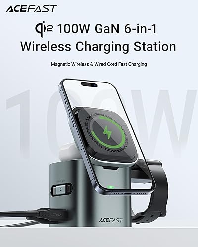 Miniatura 2 de ACEFAST 6-in-1 100W GaN Fast Charging Station for iPhone 17 16 Series,with USB C Retractable Cable,Qi2 25W Magnetic Wireless Charger Desktop Stand