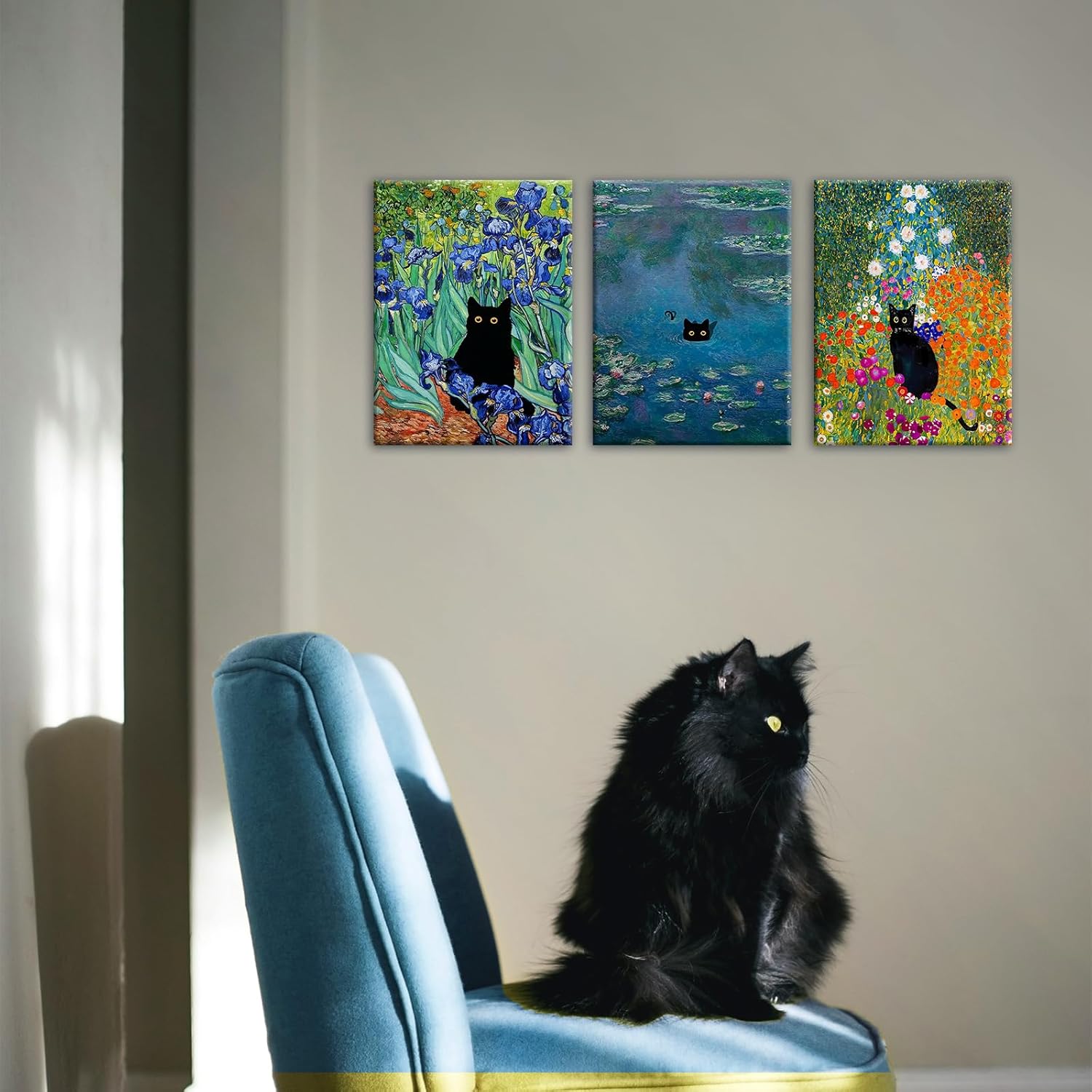 BFKDKG Monet Wall Art Set of 3 - Funny Cat in Water Lilies Canvas Paintings Prints, Garden Flowers Black Cat Aesthetic Pictures for Room Bedroom Living Room Bathroom (Black Cat Water Lily, 12*16*3, Wrapped Canvas)