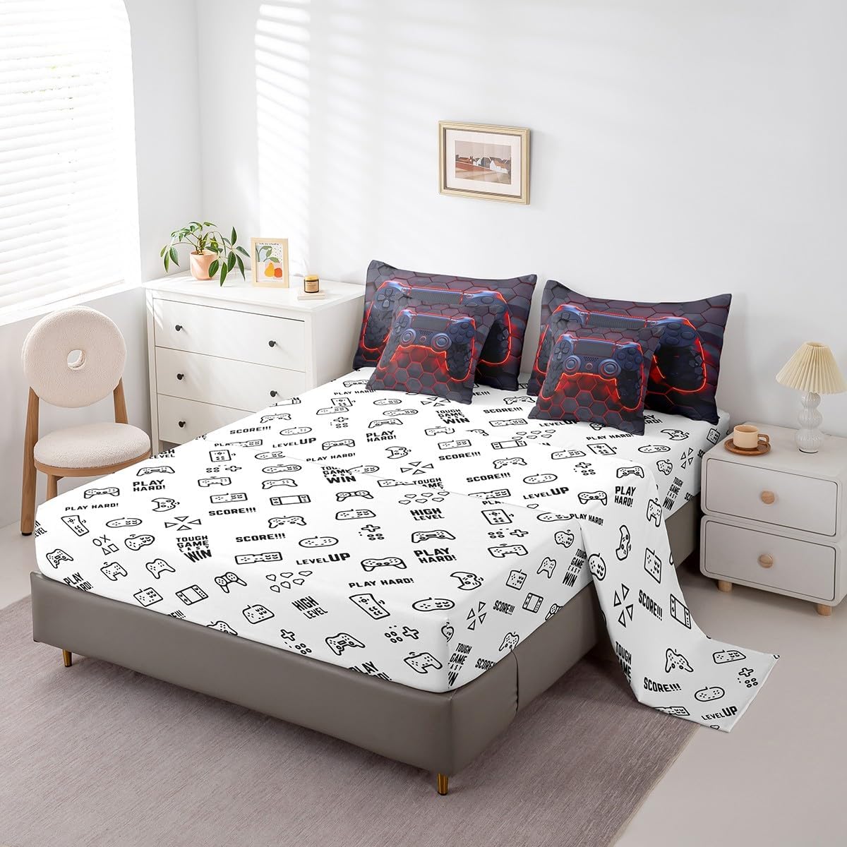 Full Size 7 Piece Comforter Set Gamer Hexagon Bed Sheet Geometric Honeycomb Bedding Sets Games Reversible Bed Sheet Sets(1 Comforter 2 Pillowcases 1 Flat Sheet 1 Fitted Sheet 2 Throw Pillow Covers