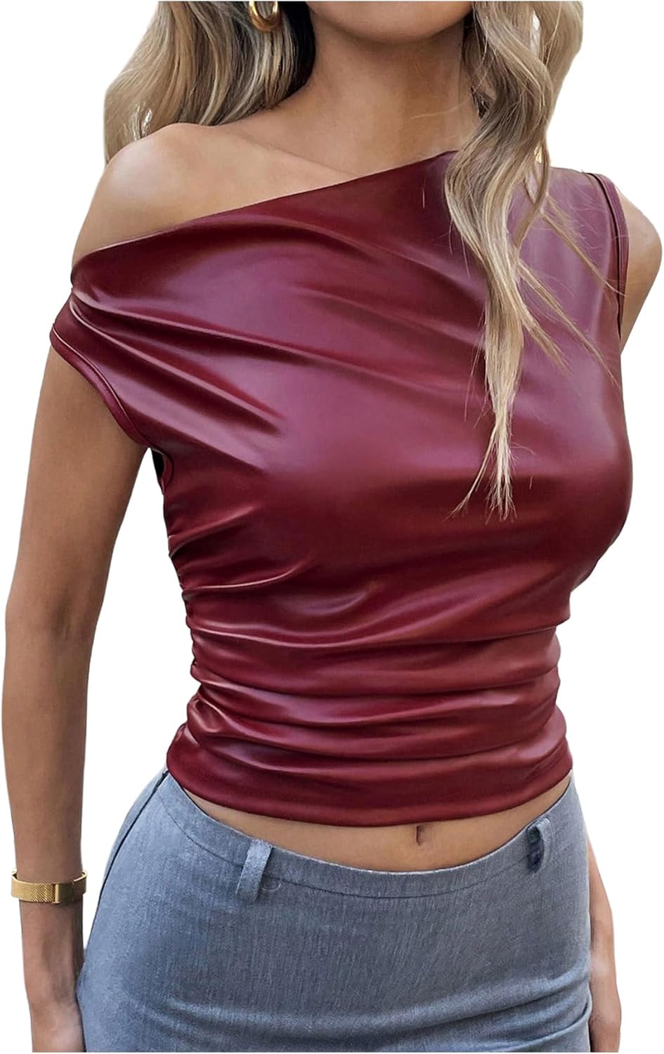 Women's Off Shoulder PU Leather Tank Top Sleeveless Slim Fit Crop Tops Elegant Y2K Clubwear