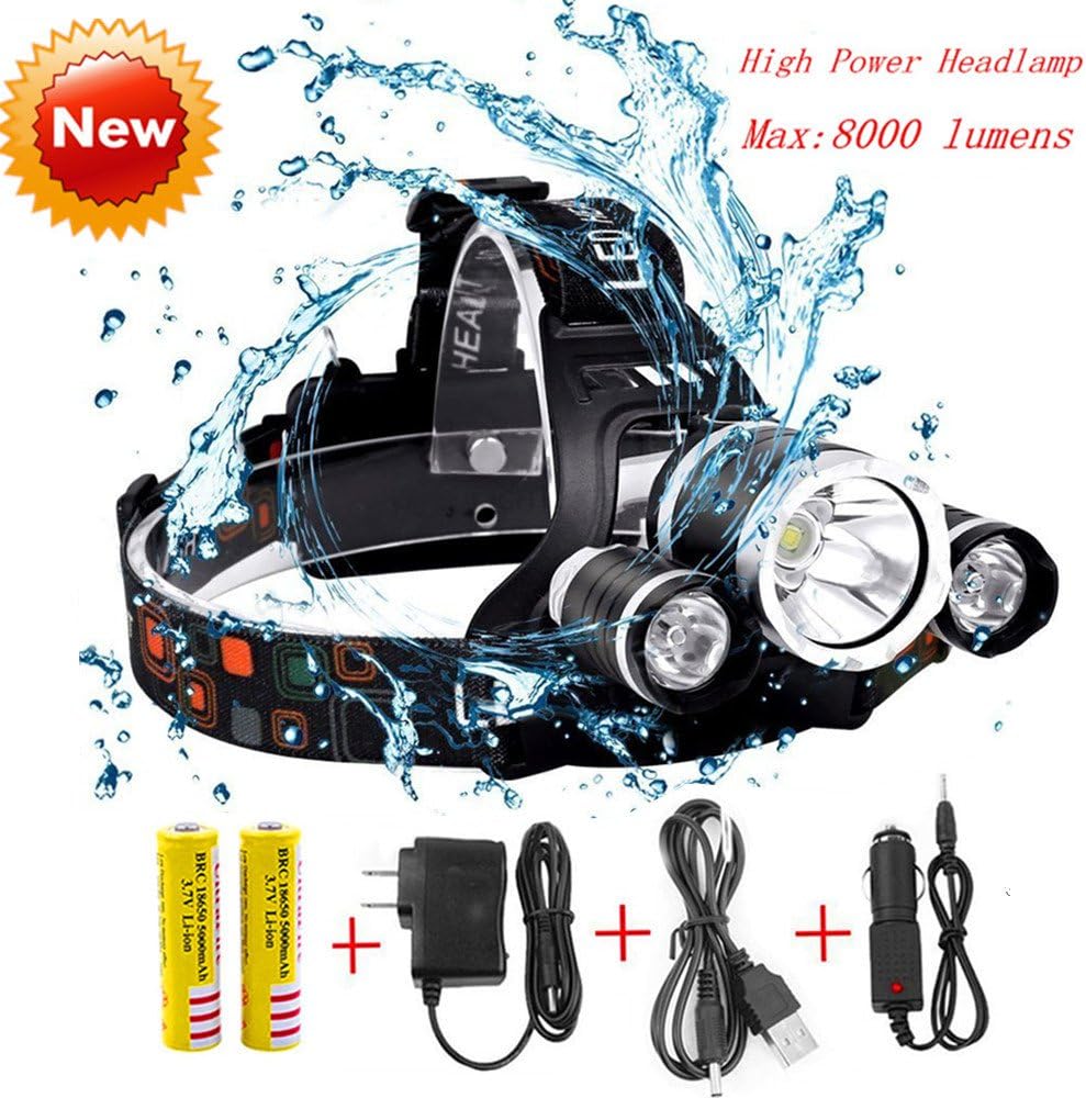 Super Bright Headlamp Flashlight Led, 8000 Lumens Waterproof Headlight Torch, Hard Hat Light,Rechargeable 3 Light 4 Modes,Best for Camping Biking Hunting Fishing Outdoor sports(Silver)