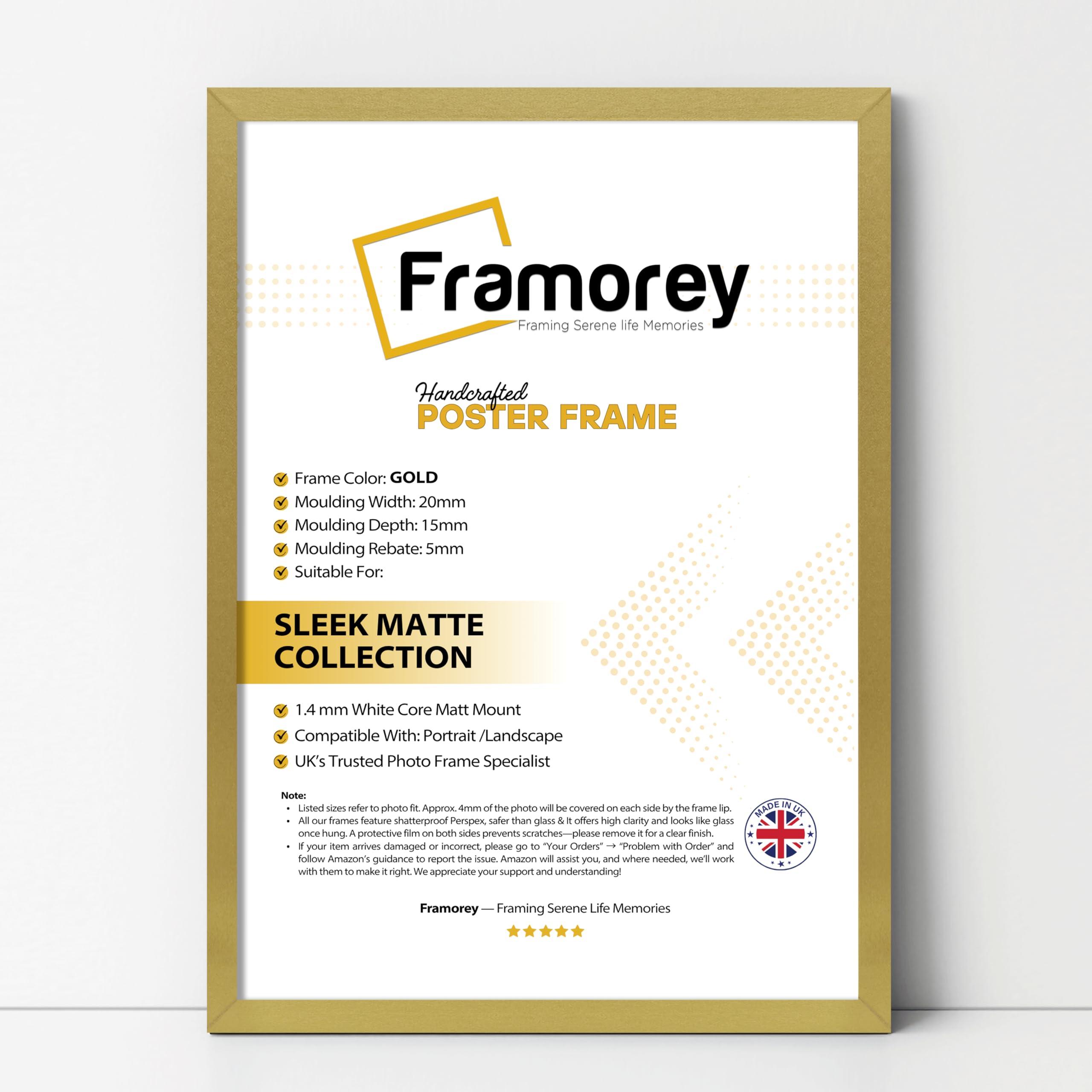 FRAMOREY Thin Matt Gold Poster Frame, Wooden Effect Photo Frame, A5 Size Picture Frames, Wall Display Hanging Photo Print Frames