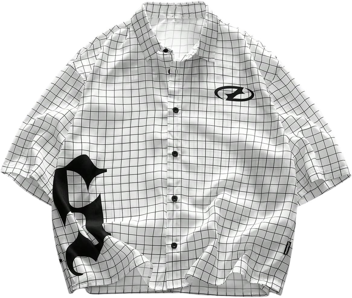GORGLITTER Men's Plaid Cropped Button Up Shirt Casual Collared Short Sleeve Boxy Vacation Checkered Crop Tops Streetwear