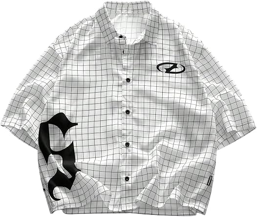 VIPWOLF Mens Gingham Cropped Shirt Oversized Baggy Short Sleeve Collared Button Up Plaid Boxy Streetwear Tees Tshirts