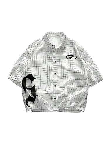 GORGLITTER Men's Cropped Shirt Casual Button Up Plaid Boxy Oversized Collar Short Sleeve Checkered Crop Tops Streetwear