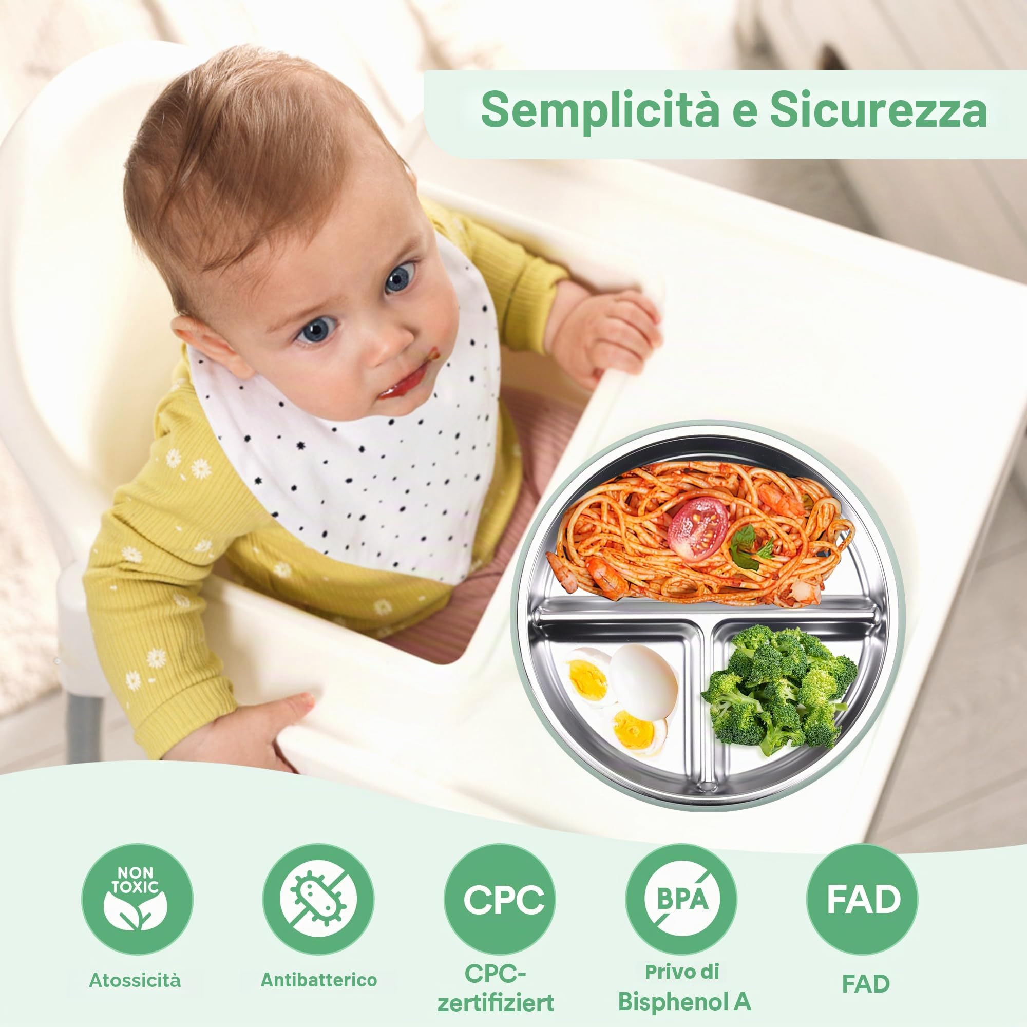 2 Pezzi Piatto Svezzamento Ventosa, Piatto con Ventosa per Bambini, Senza BPA, Piatti Svezzamento con Telaio Rimovibile, Piatto Ventosa Svezzamento, Piatti Acciaio Inox Bambini