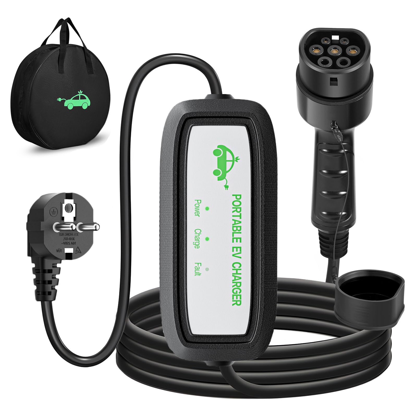 Chargeur Voiture Électrique Portable 3.68 KW Type 2 – 8-16A Réglable, Écran 2.4", Délai 12h, Câble 8m + Sac