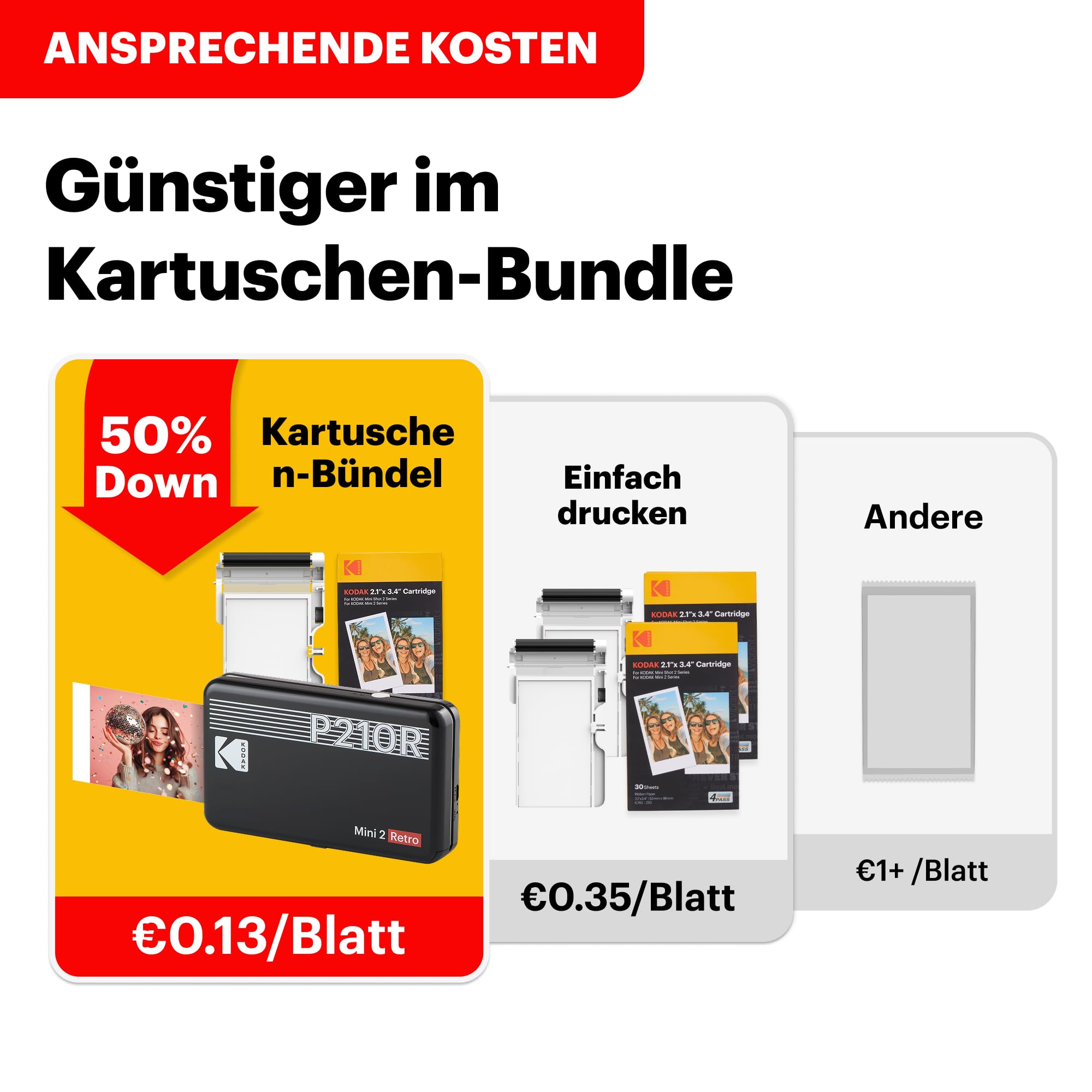 Kodak Mini 2 Retro mobiler Farbig Fotodrucker für Smartphone (iPhone & Android) - Weiß - 8 Blatt (54 x 86 mm, 4Pass-Technologie-Laminierung)