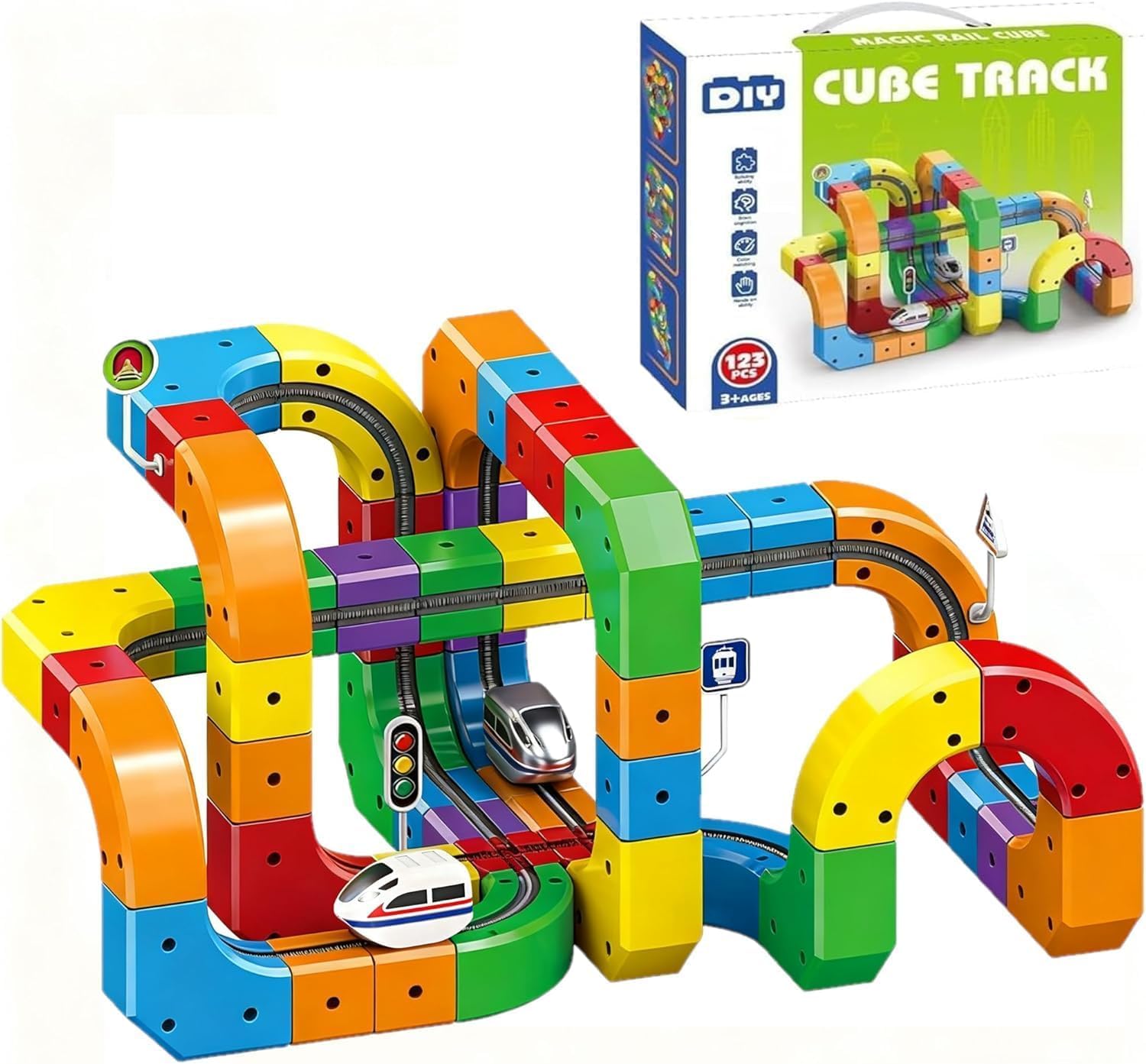 S SHAM® Clickrail Electric Train Track Set for Kids (123pcs), Magic Rail 3D Track with Gravity-Defying Motorized Train, DIY Cube Building Set, STEM Educational Toy Gift for Boys & Girls