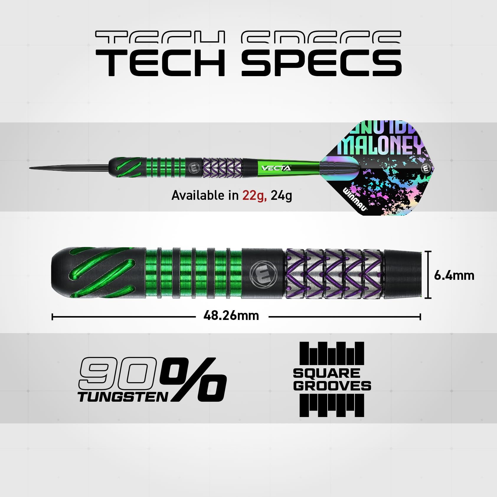 Winmau Profesjonalny gracz, seria Mike Maloney, zestaw rzutek 90% wolframu z lotkami do rzutek i trzonkami do rzutek - dostępny w miękkiej końcówce 16 g i 18 g, waga beczki i metalowa końcówka do