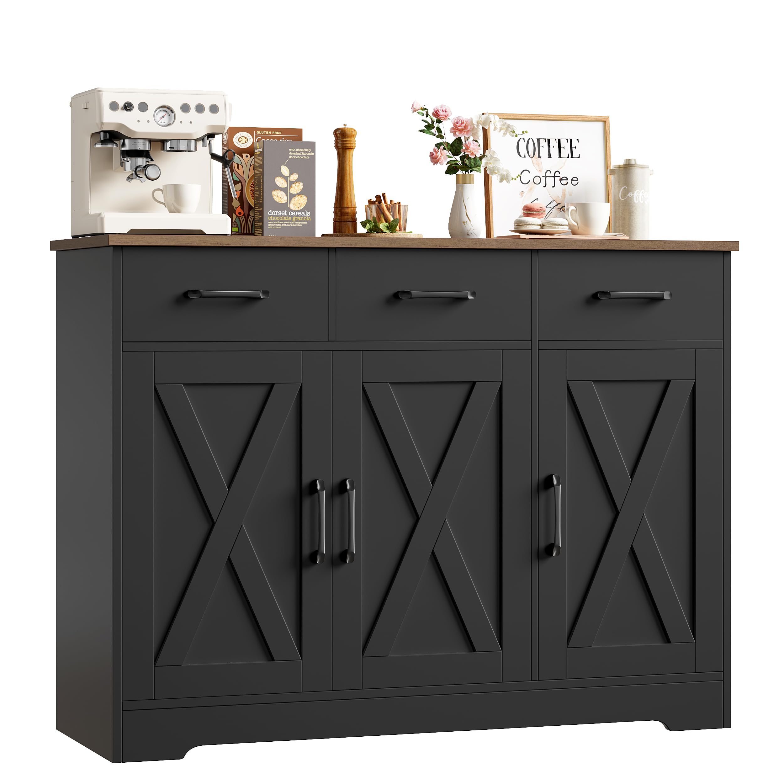 HOCSOK Aparador Cocina, Armario de Cocina con 3 Cajones y 3 Puertas, Armario de Almacenamiento para Salón, Comedor, Estantes Ajustables, Negro y Marrón | Armario buffet de cocina con 3 cajones y 3 puertas, armario de cocina para salón, cocina, comedor
