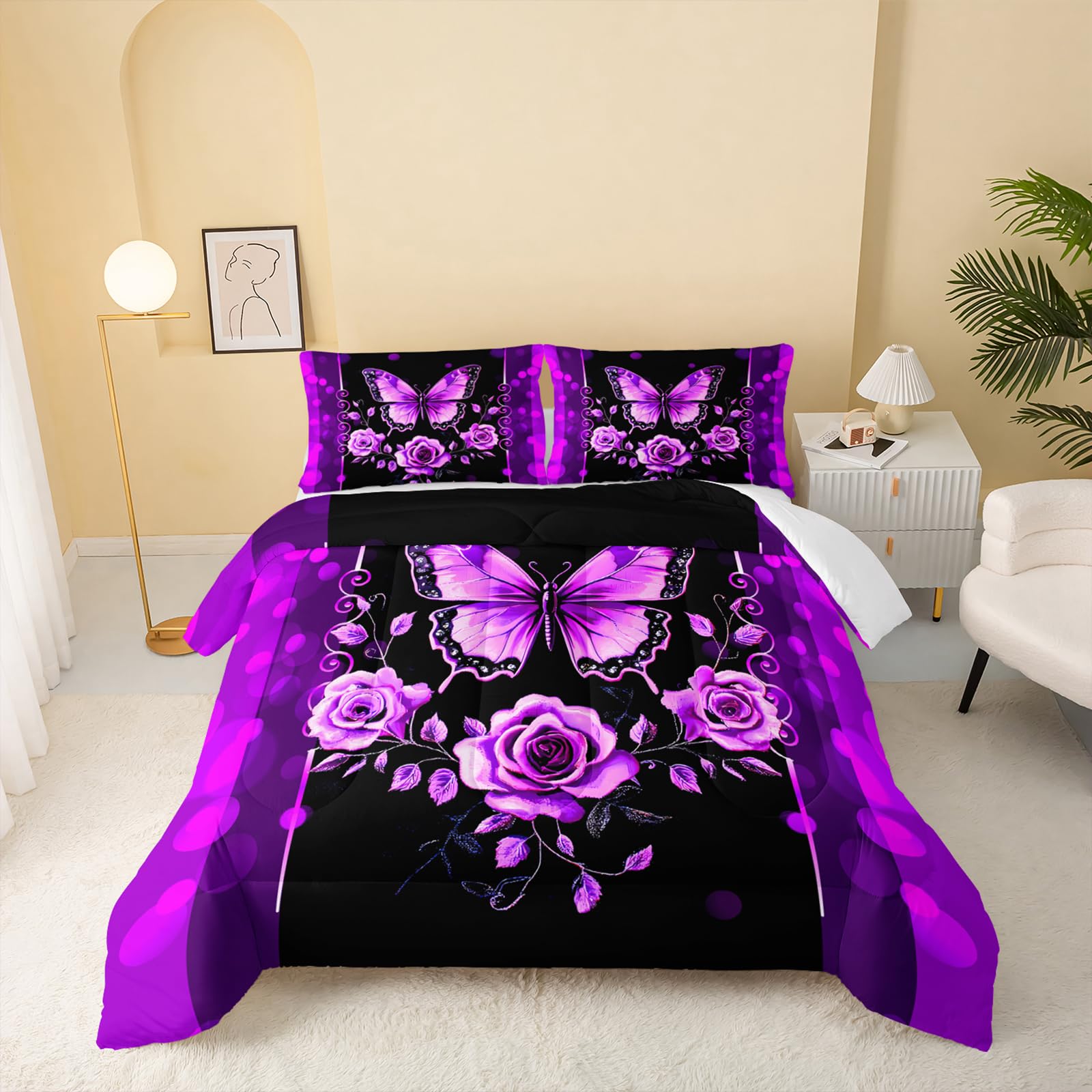 QOOMO Cartoon Butterfly Kids Comforter Set, Purple, Queen Size