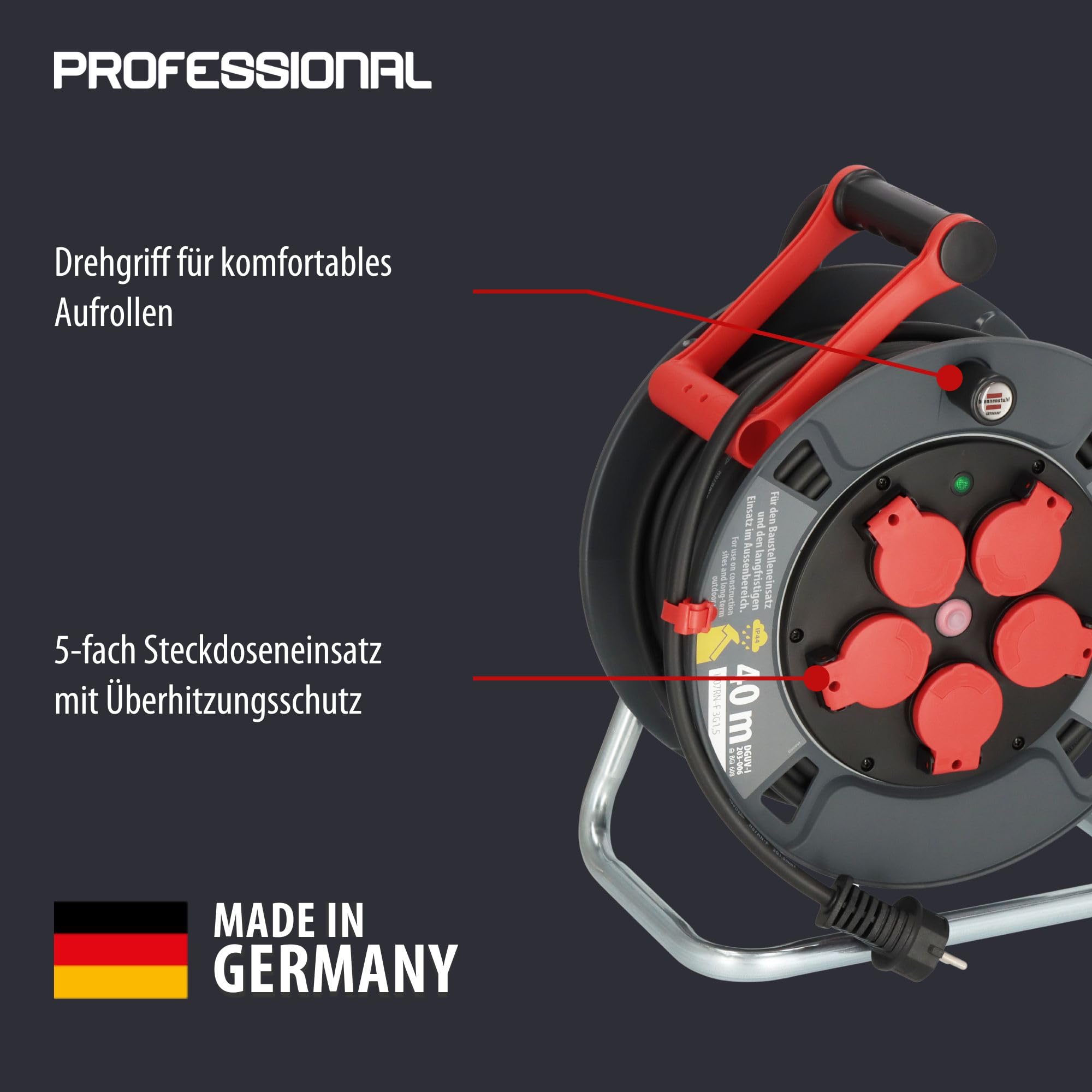 Brennenstuhl Avvolgicavo professionale 300 KU 4100 (cavo da 40 m in nero, in plastica speciale, inserto per cantieri e uso costante in esterni, Made in Germany)