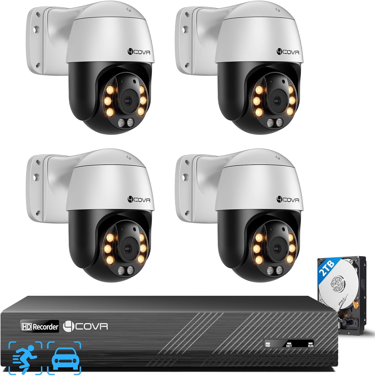 4COVR PoE PTZ Security Camera System, 350° Pan 90° Tilt 3X Digital Zoom, 4X 5MP PoE IP Camera, 8CH 4K NVR & 2TB HDD, AI Human Vehicle Detection, Smart Color Night Vision, Two Way Audio, LYM2XP5M0804