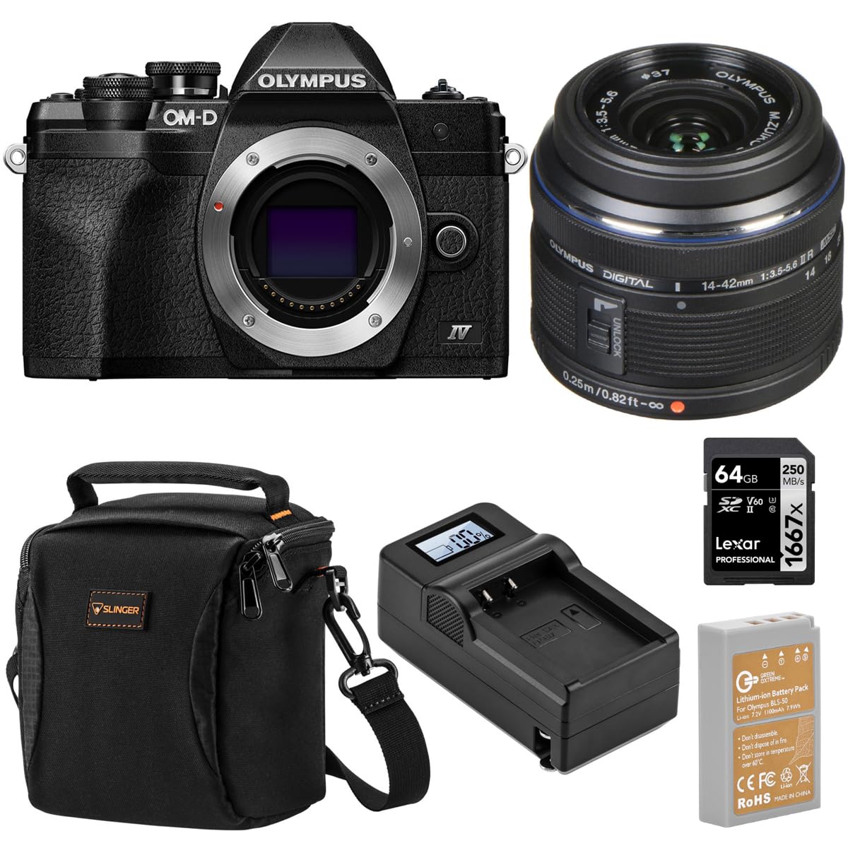 Olympus OM-D E-M10 Mark IV Mirrorless Camera, Black with Zuiko 14-42mm f/3.5-5.6 II R Black Lens Bundle with 64GB SD Card, Bag, Extra Battery, Charger